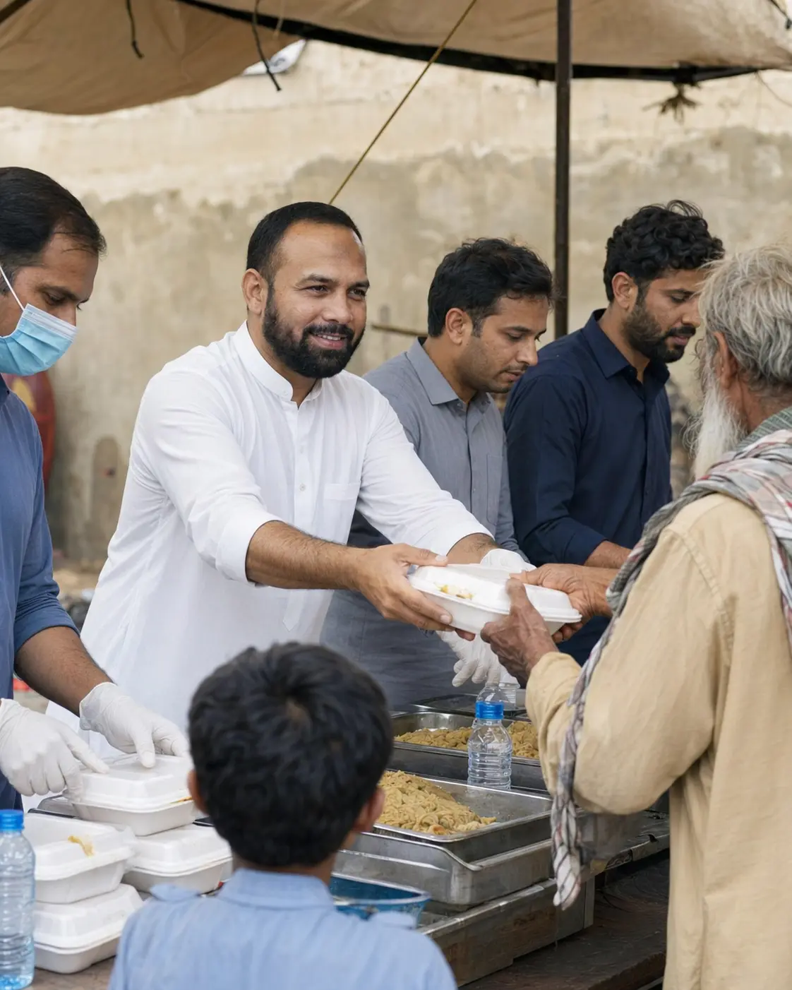 Jamil Ahmad Mayo handing a meal to an elderly community member