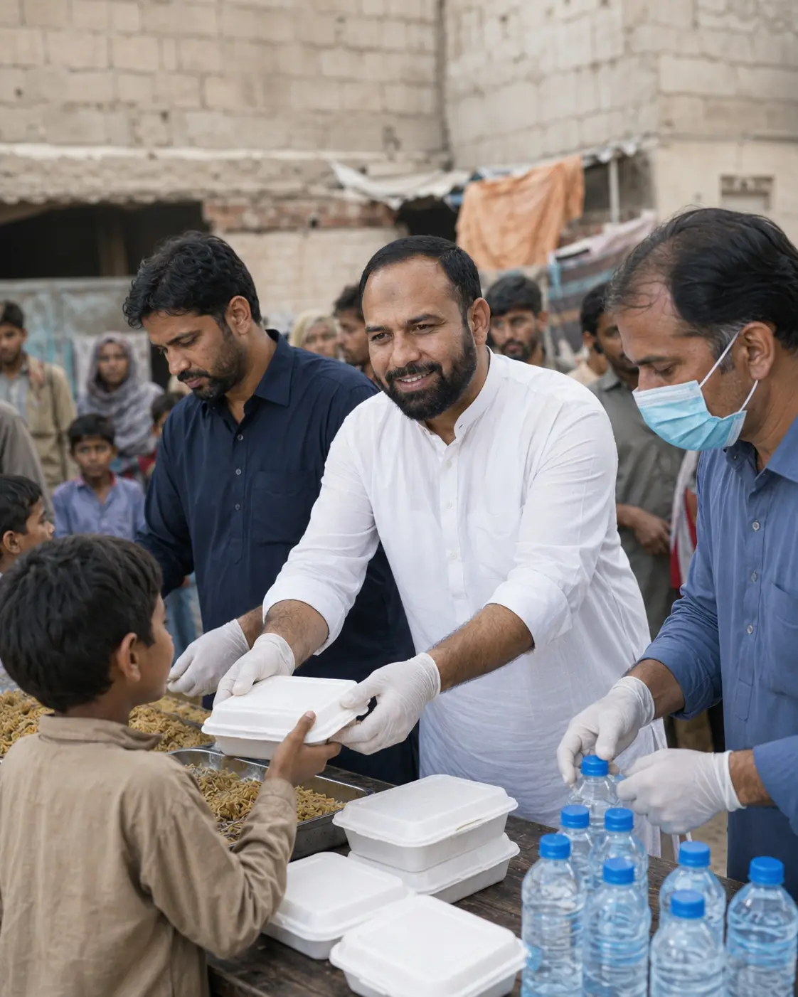 Jamil Ahmad Mayo serving a meal to a child with volunteers
