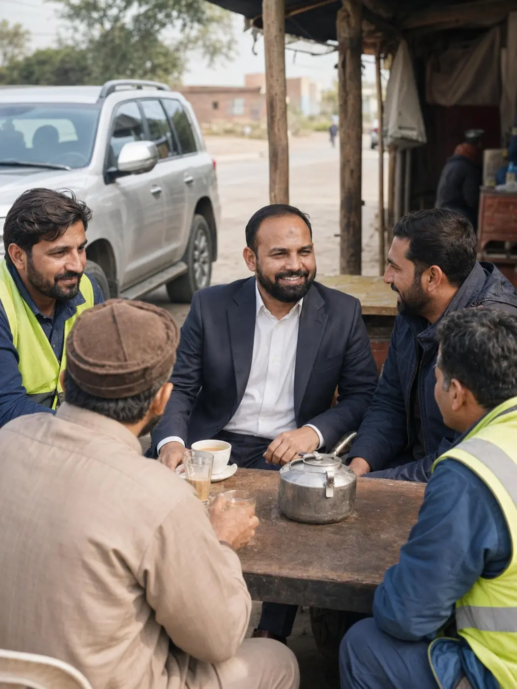 Jamil Ahmad Mayo having tea with workers during a field visit